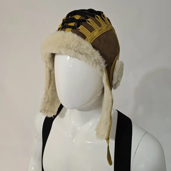 Brown and Yellow Aviator Hat with Fur Trim - Picture 6 of 6